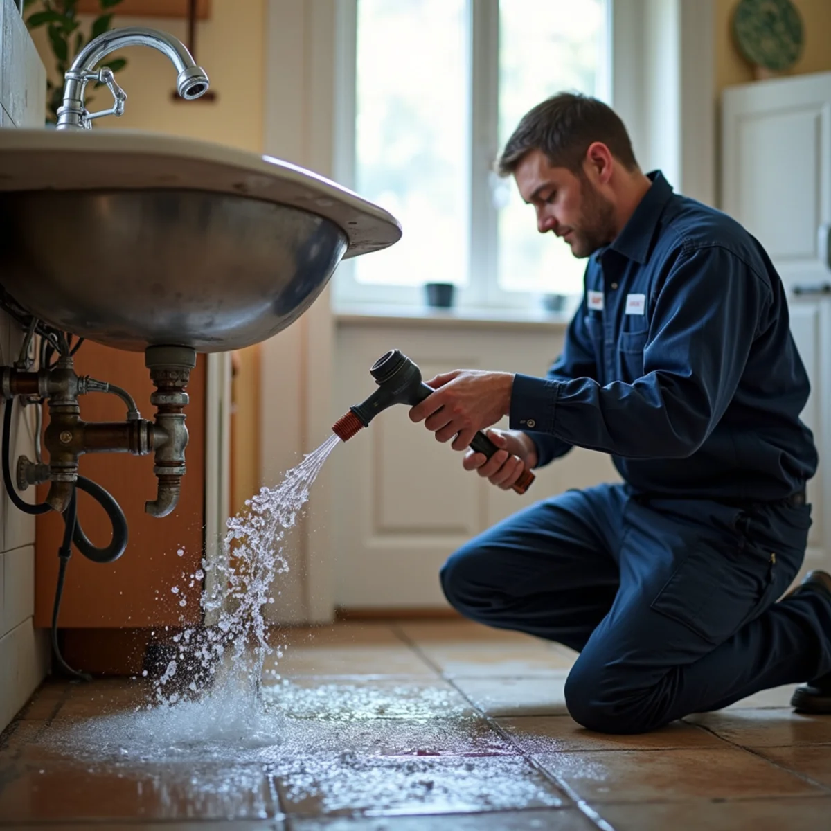 Water spraying from a burst copper pipe under a sink in a Concord home