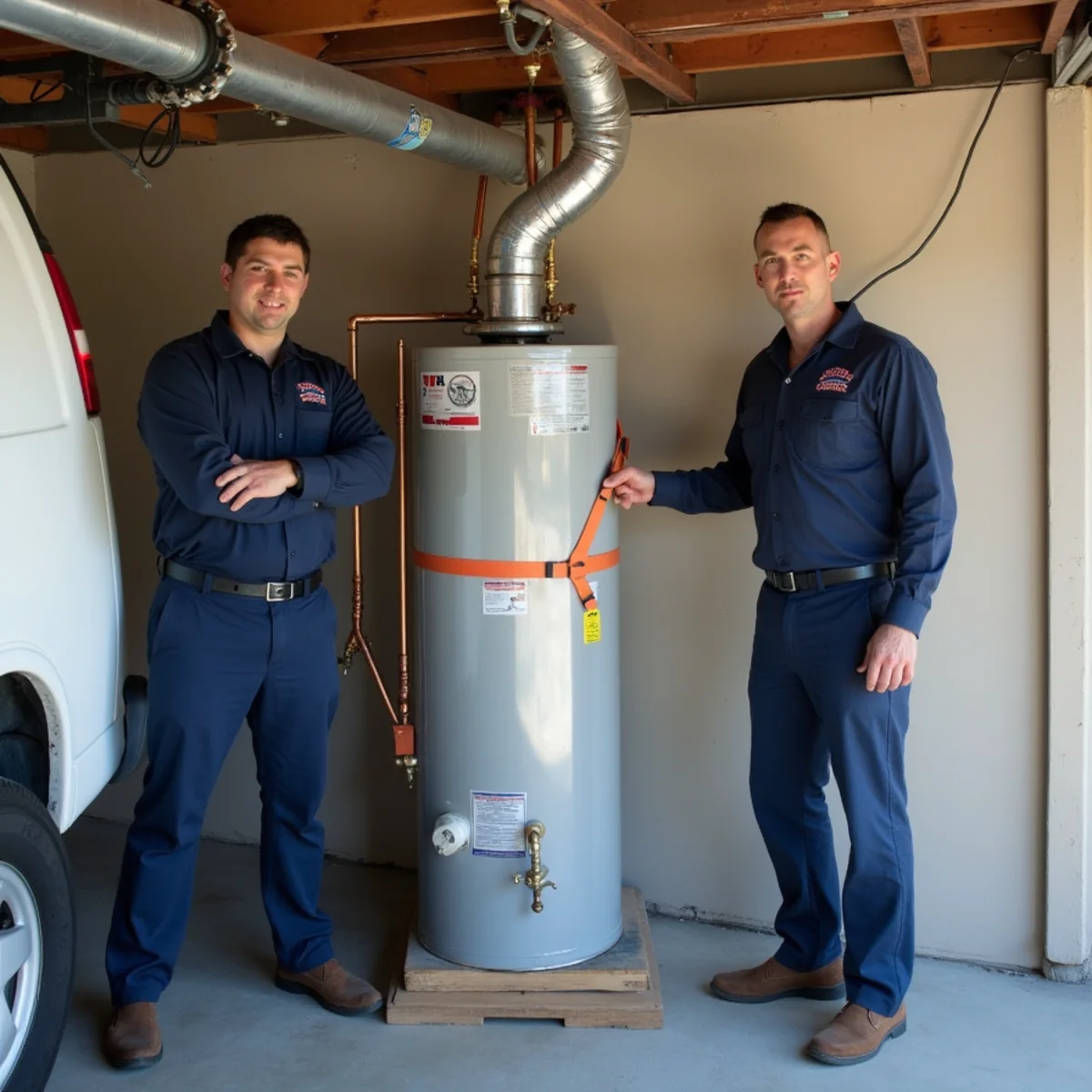 Water heater secured with earthquake straps in a Concord garage