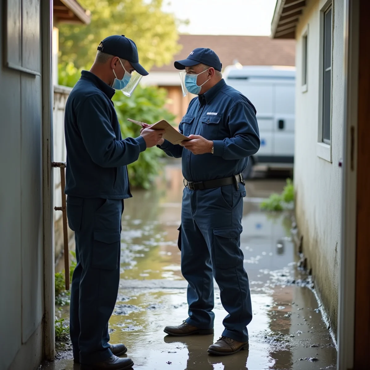Restoration technician in protective gear assessing floodwater category in a flooded home near Lafayette