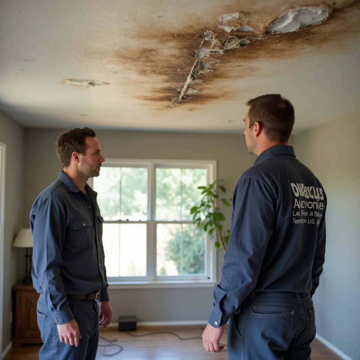 Water staining and bulging a living-room ceiling during a Concord storm