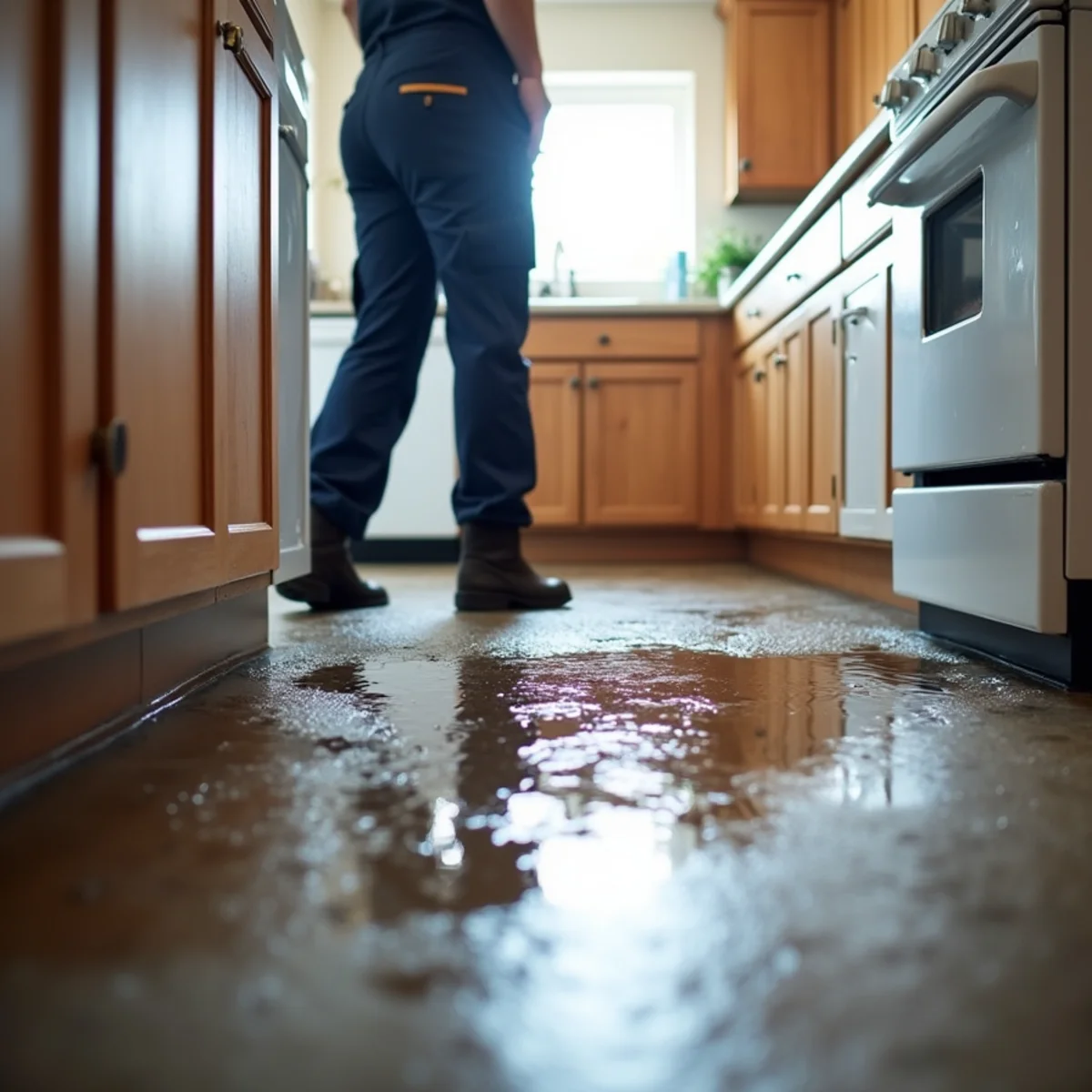 Water pooled across a kitchen floor in front of a leaking dishwasher