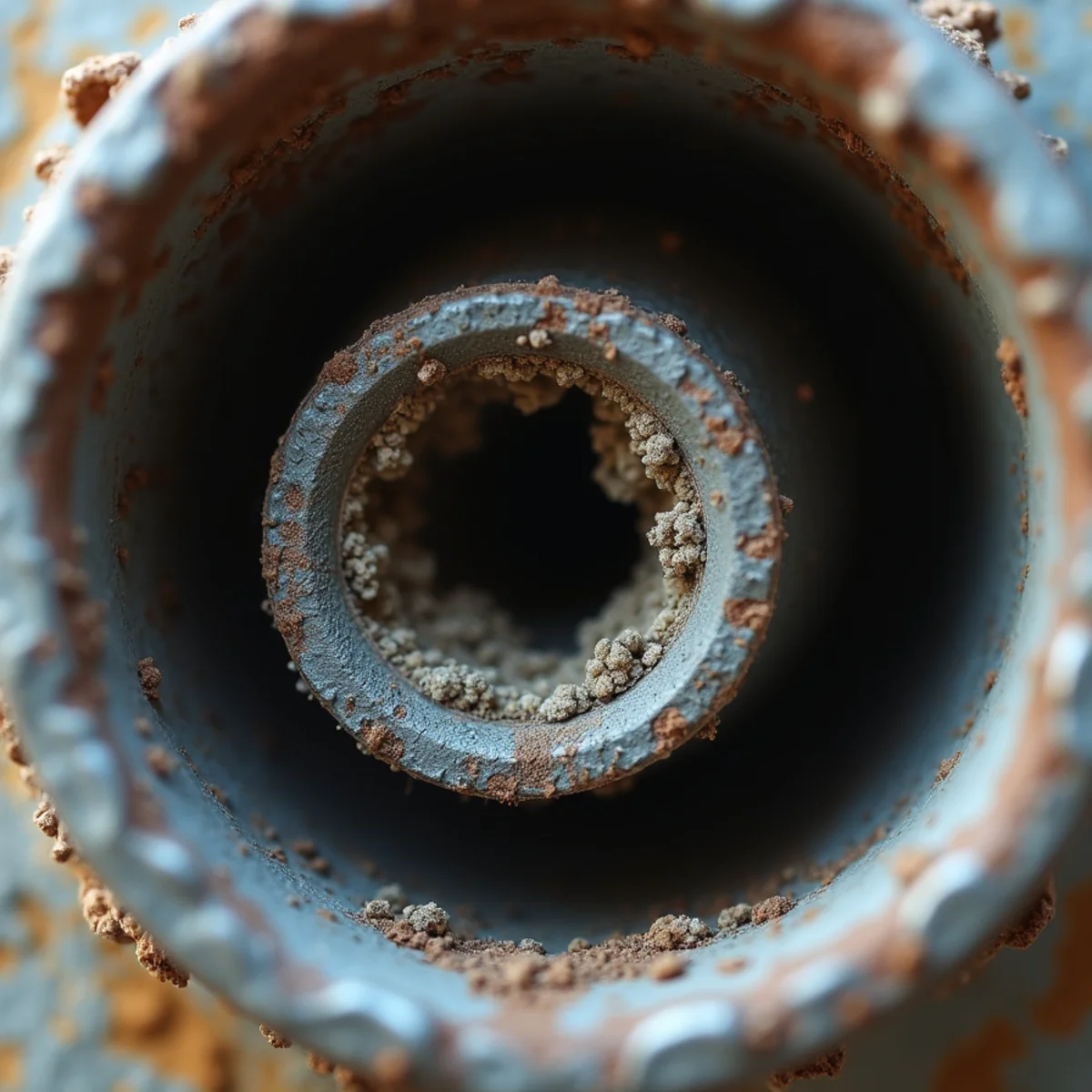 Close-up of mineral scale and corrosion inside an old galvanized pipe from a Contra Costa County home