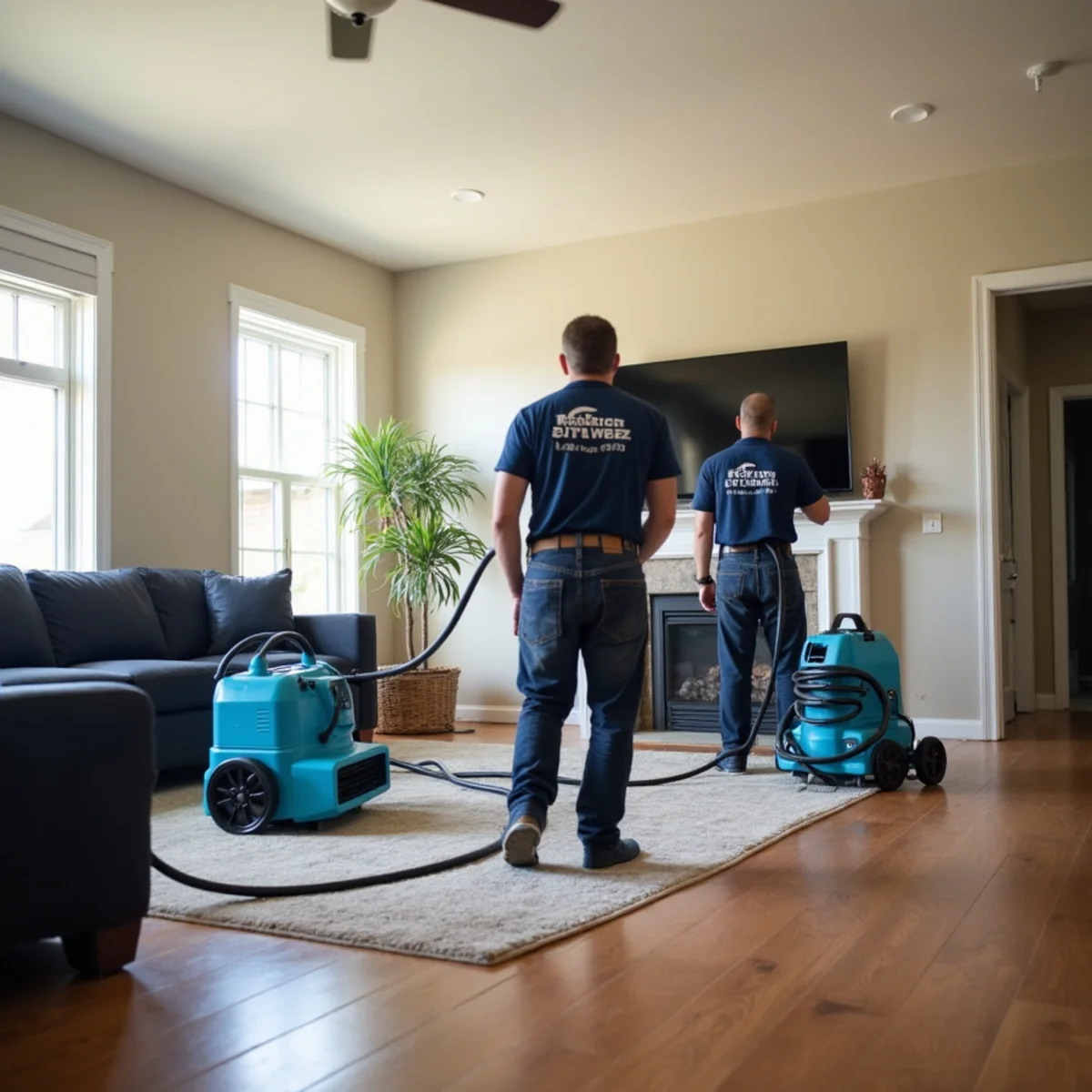 Air movers and a dehumidifier running to dry a water-damaged living room in a Clayton home near Concord