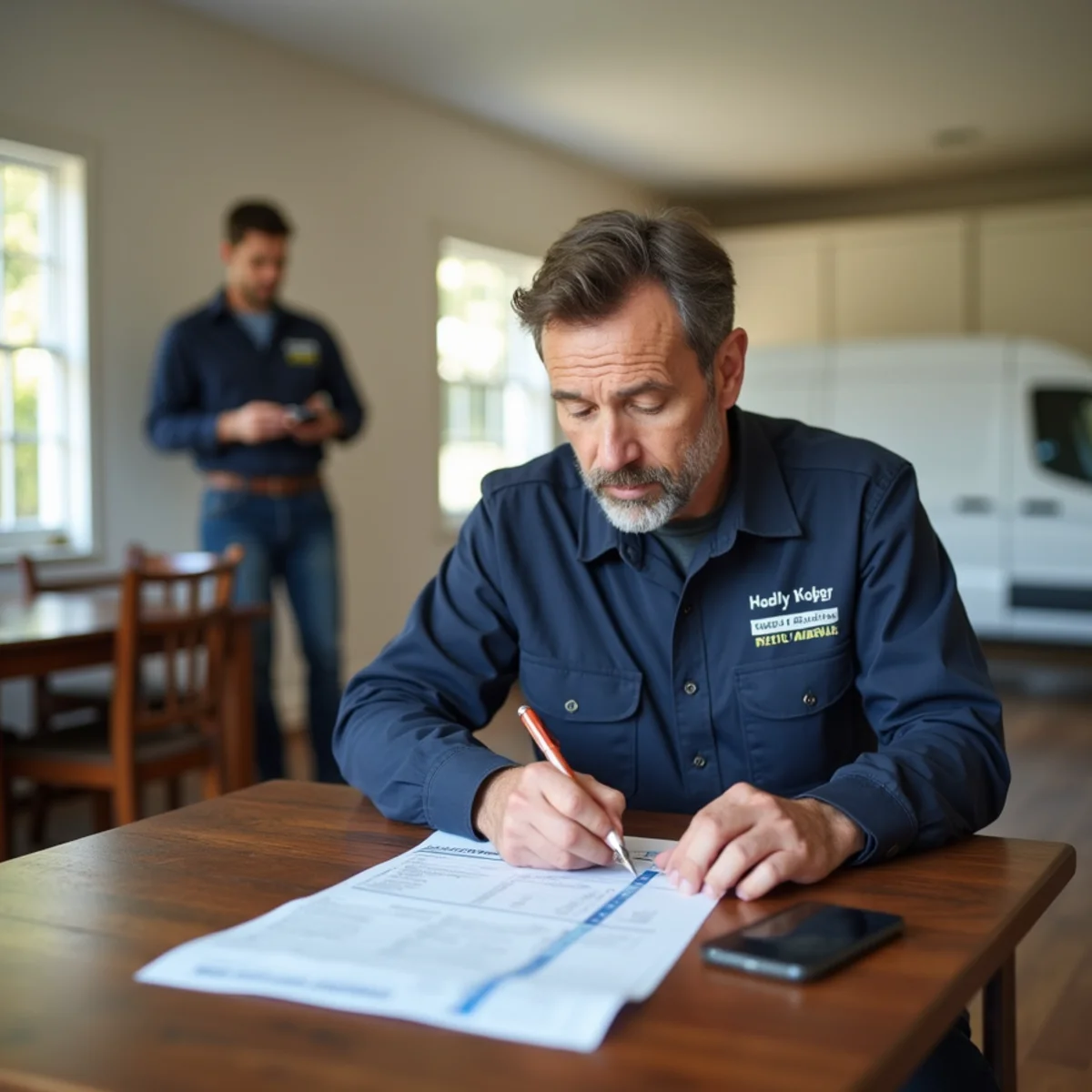 Concord homeowner reviewing a water damage restoration estimate at a kitchen table