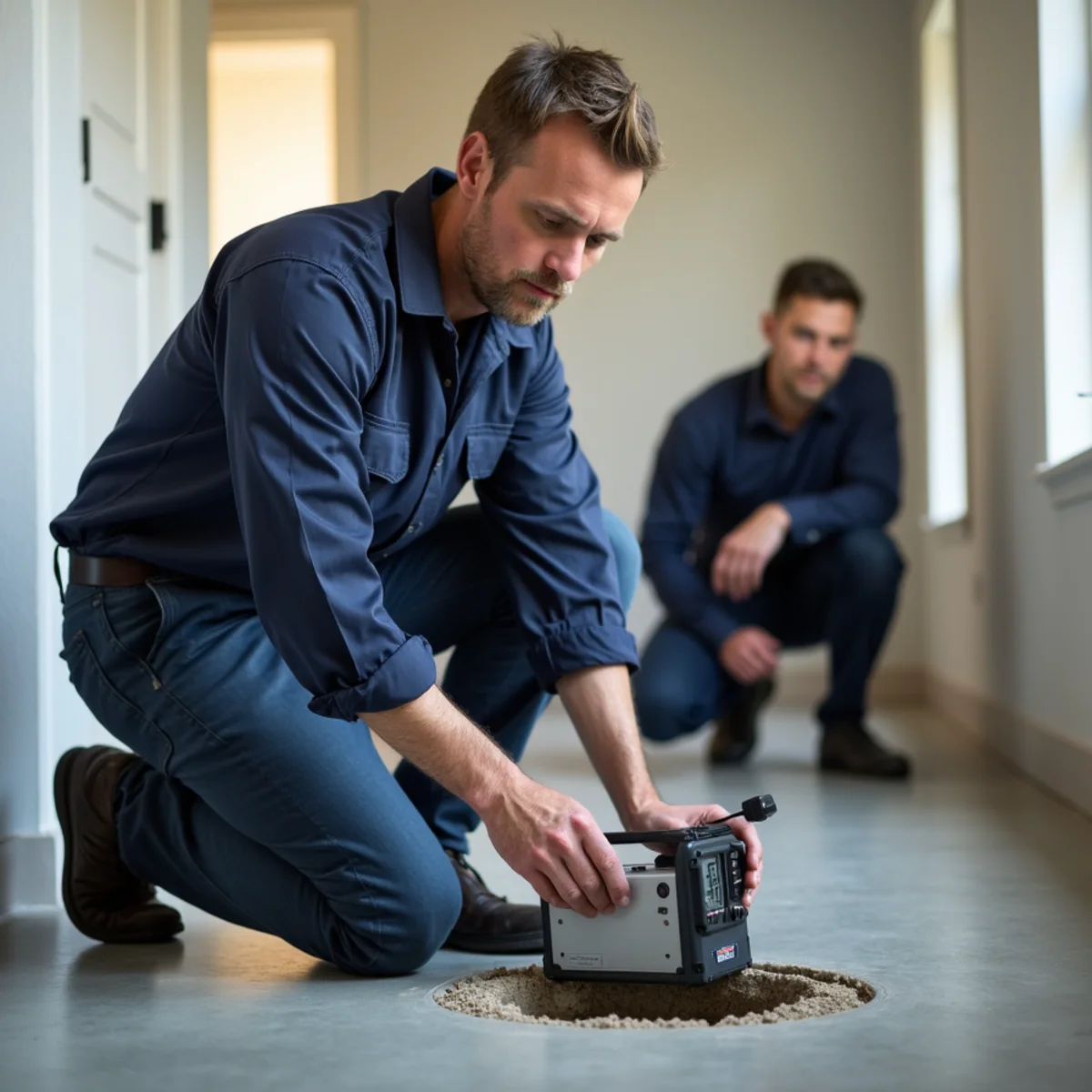 Technician using acoustic listening equipment to pinpoint a slab leak under a concrete floor in a Monument Corridor home in Concord