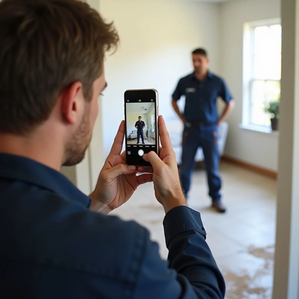 Homeowner photographing water-damaged flooring with a phone to document an insurance claim
