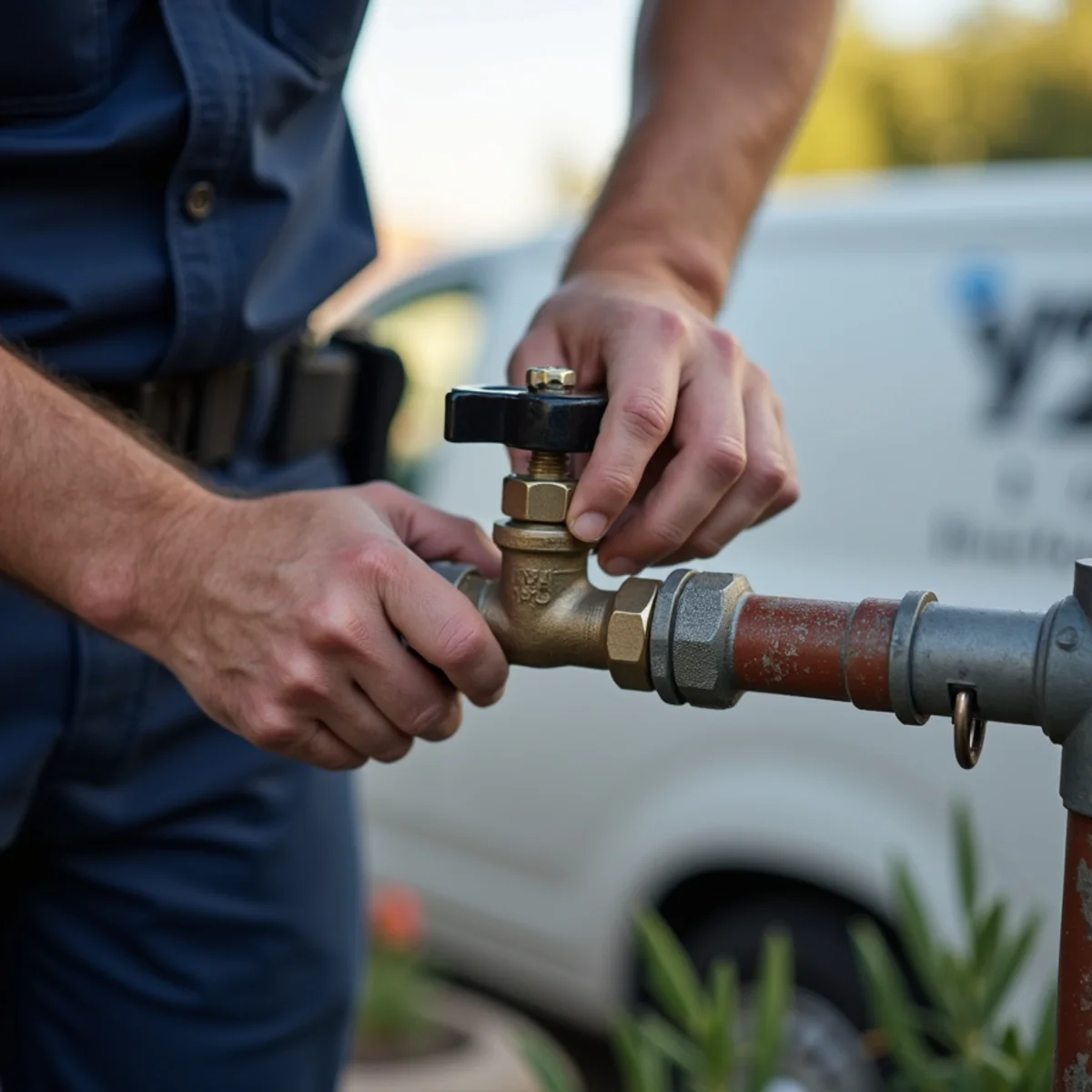 Hand closing a quarter-turn ball valve on a home's main water line