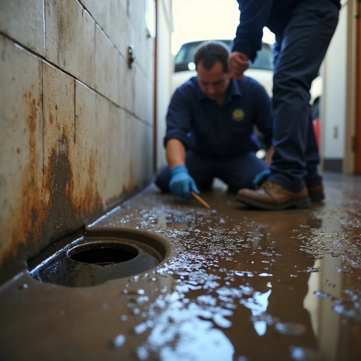 Dark water backing up into a shower drain signaling a sewer line problem in an Orinda home