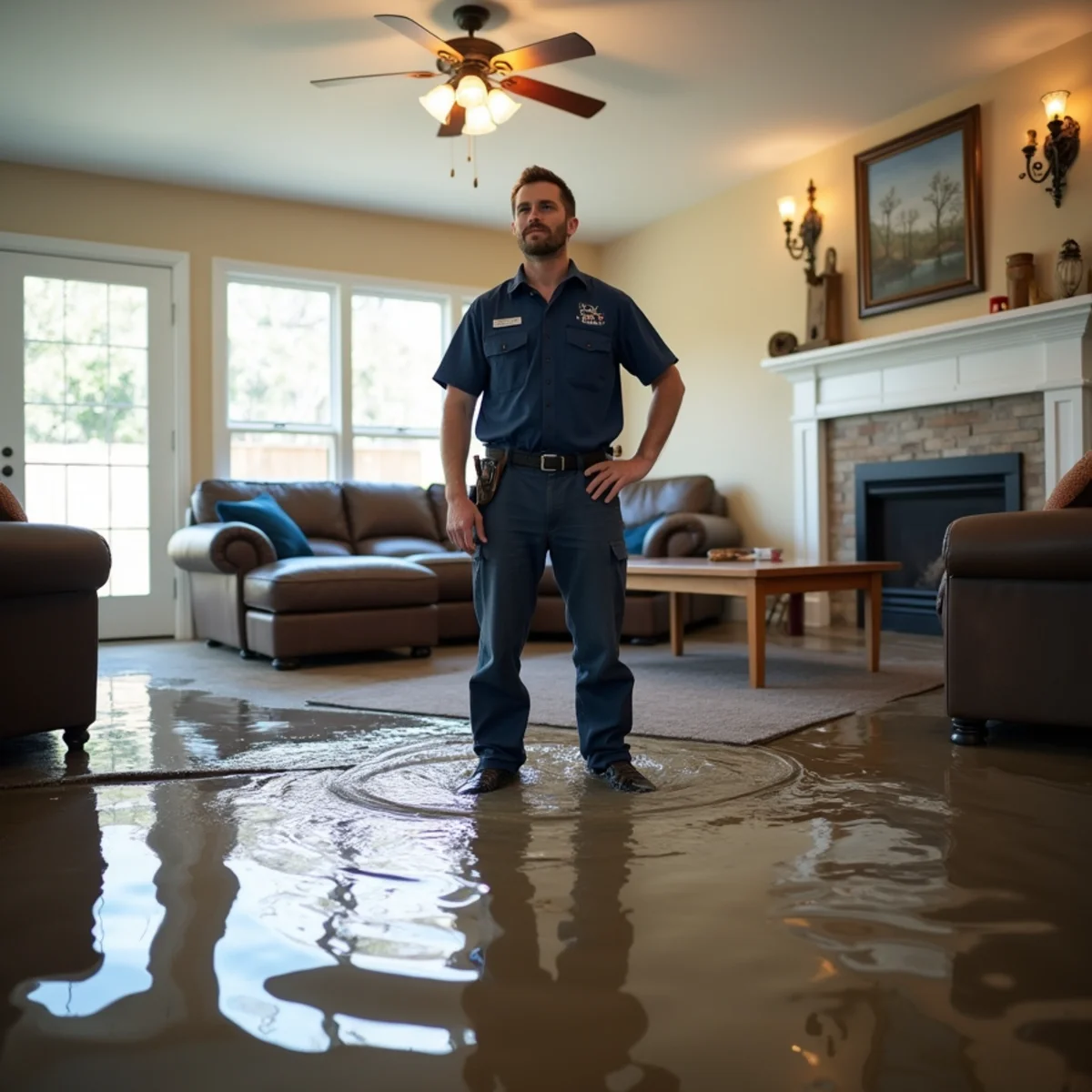 Standing floodwater across a living-room floor in a Concord home