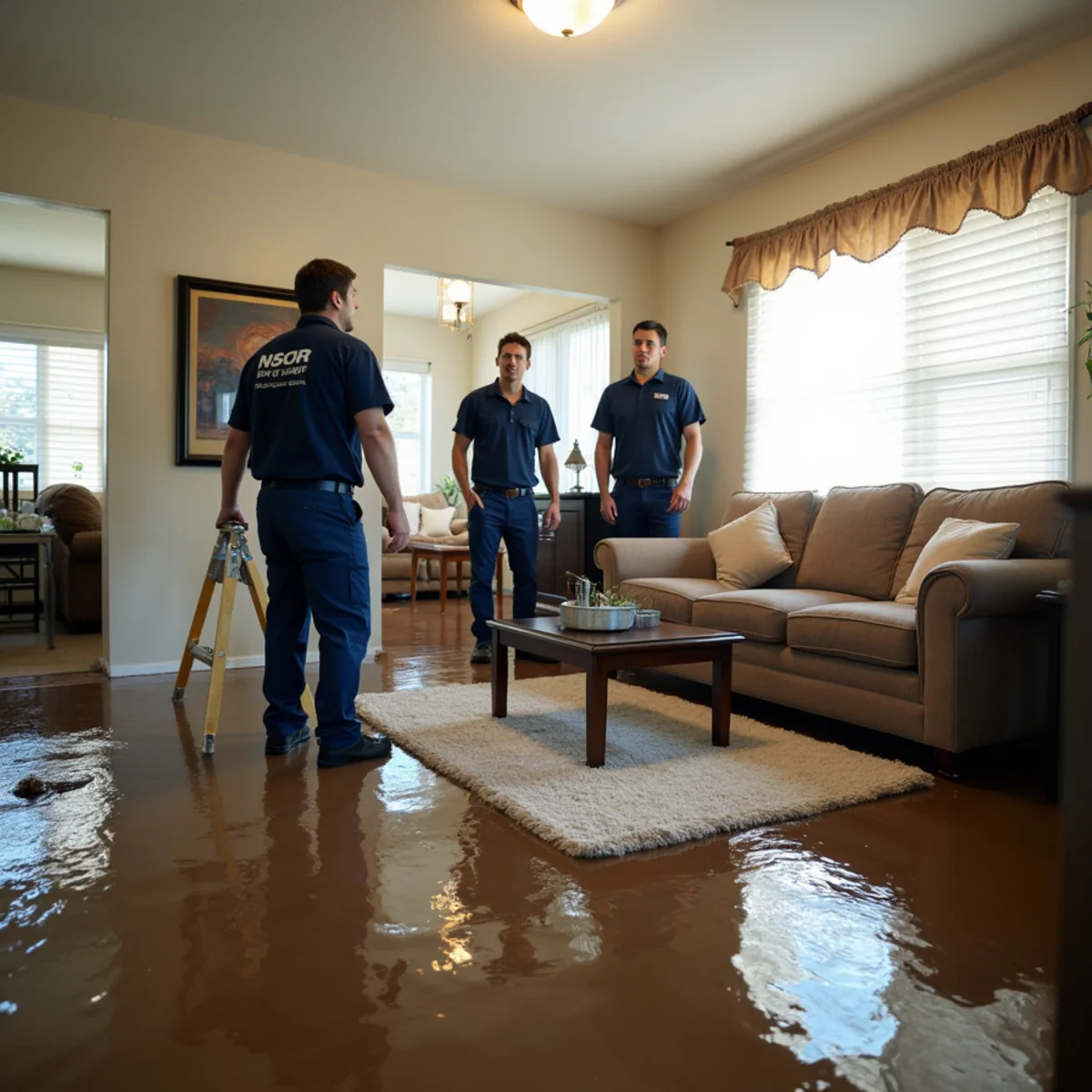 Flooded living room with soaked furniture and carpet after stormwater entered a home near Port Chicago Highway in Concord