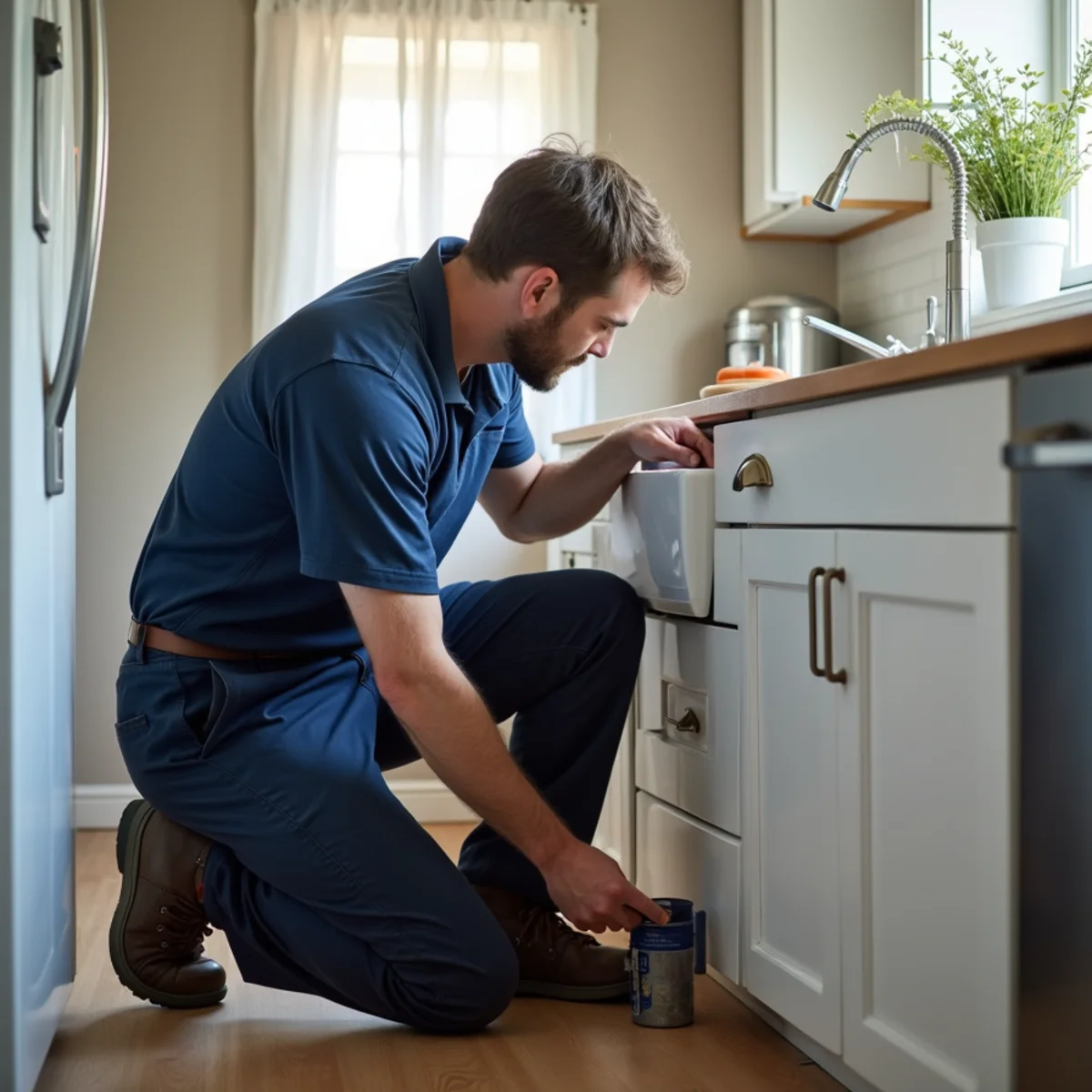 Homeowner checking under a kitchen sink for leaks in a Pleasant Hill home