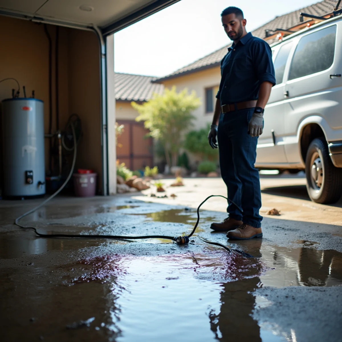 Failed water heater leaking across a flooded garage slab in Concord