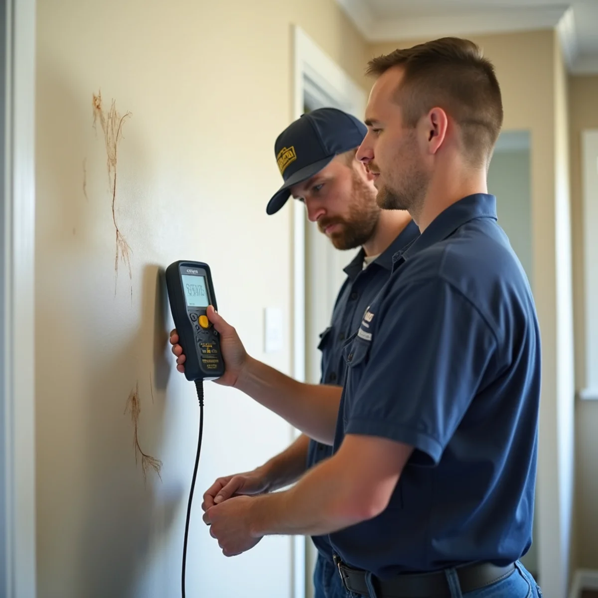 Restoration technician checking a water-stained drywall wall with a moisture meter in a Holbrook Heights home in Concord