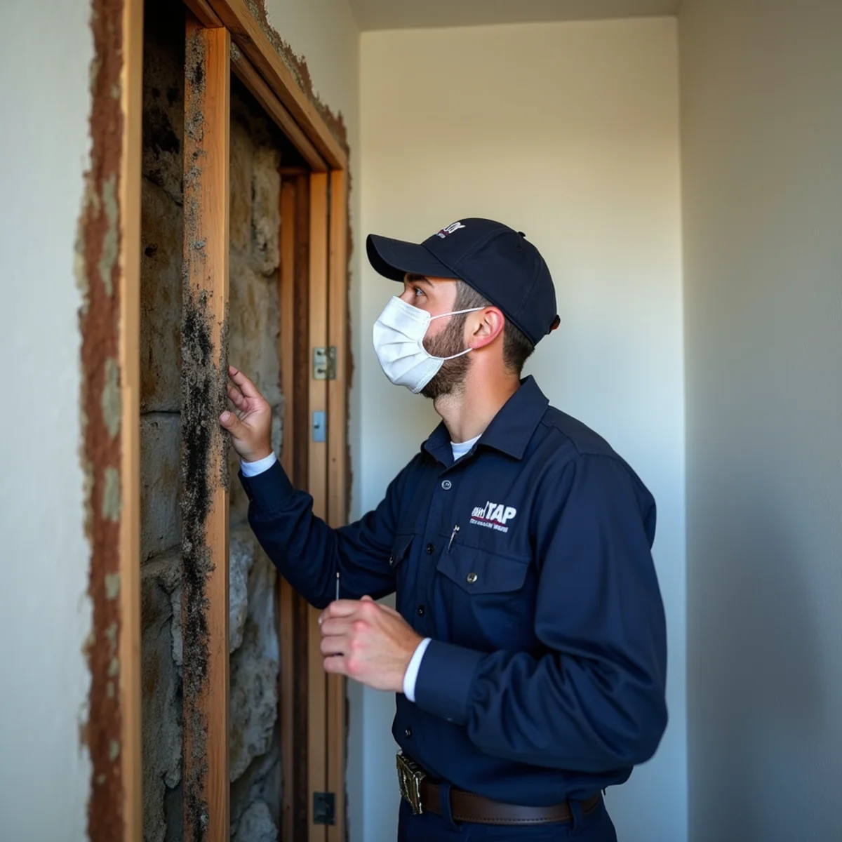 Technician in protective gear inspecting mold inside a wall cavity in an East Bay home