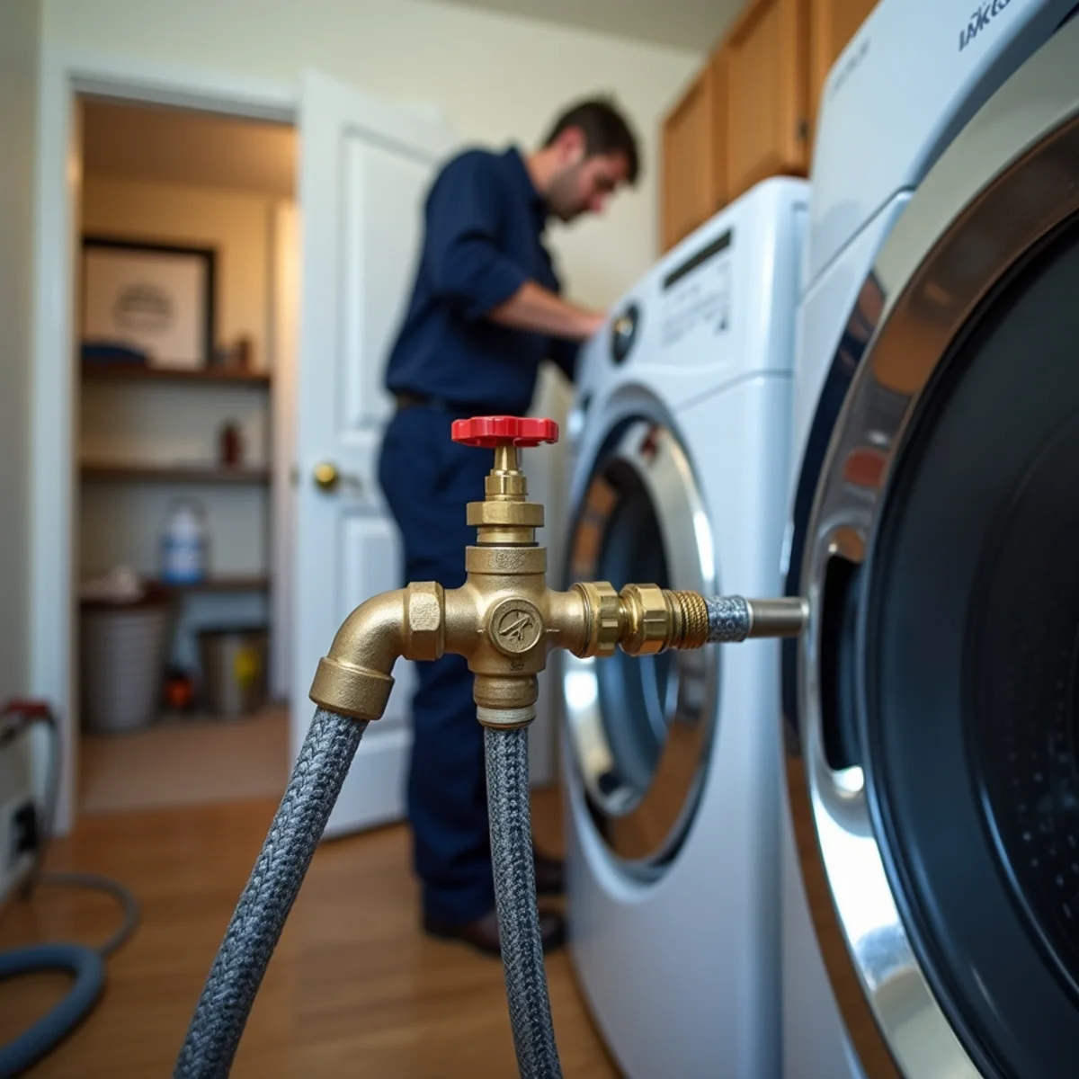 Braided stainless steel washing machine hoses and shut-off valves in a Concord laundry room