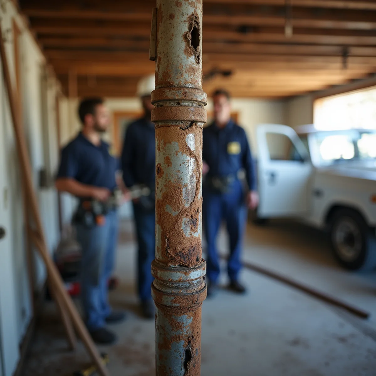 Corroded galvanized water pipe in a 1950s-era Concord tract home