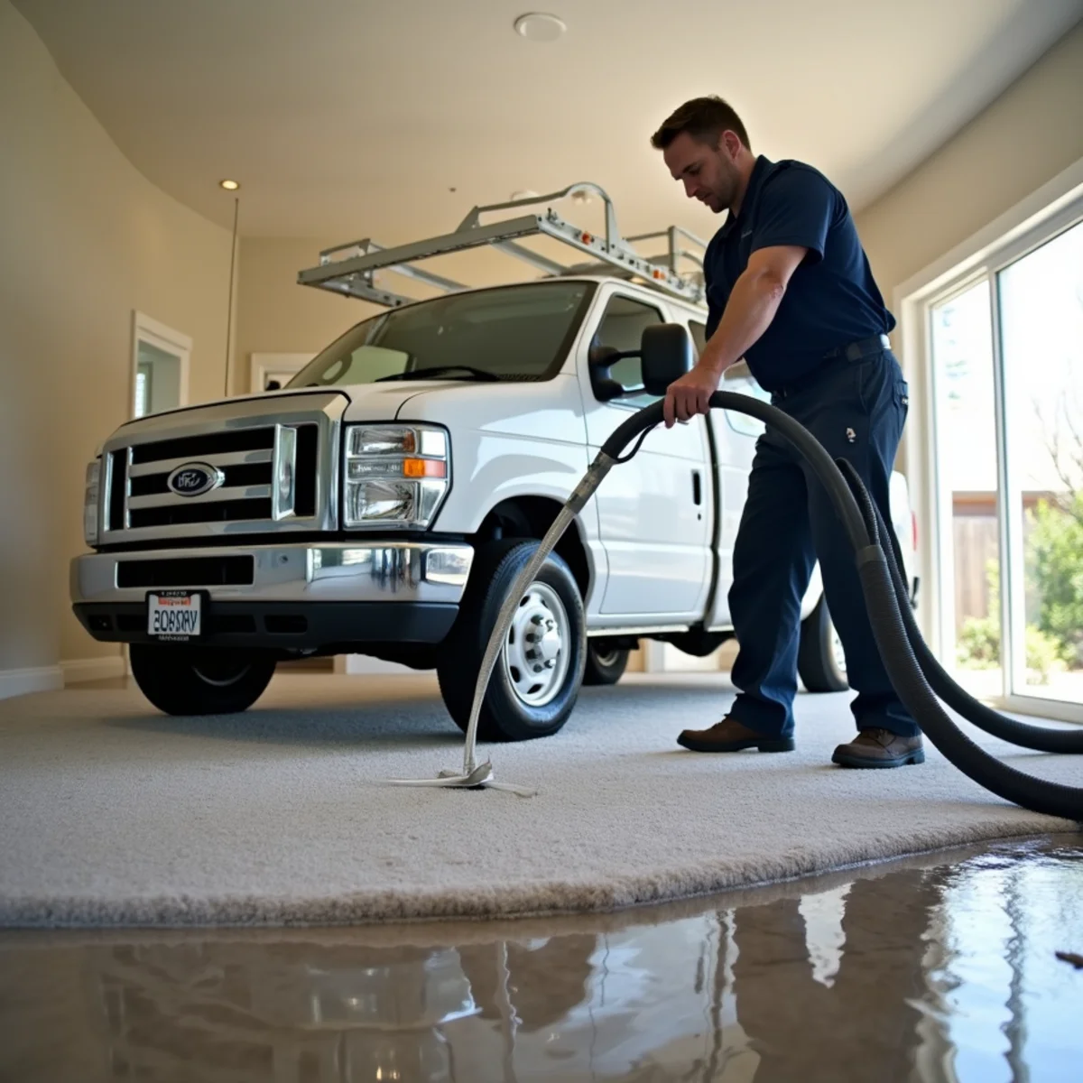 Technician running a truck-mounted extraction wand across a flooded carpet in a Dana Estates home in Concord
