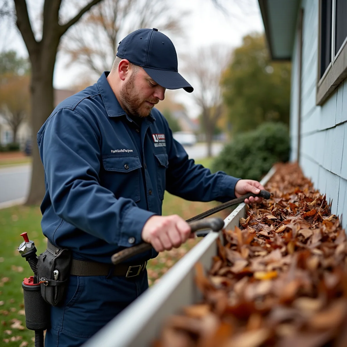 East Bay homeowner clearing leaves from a gutter before winter storms in Concord