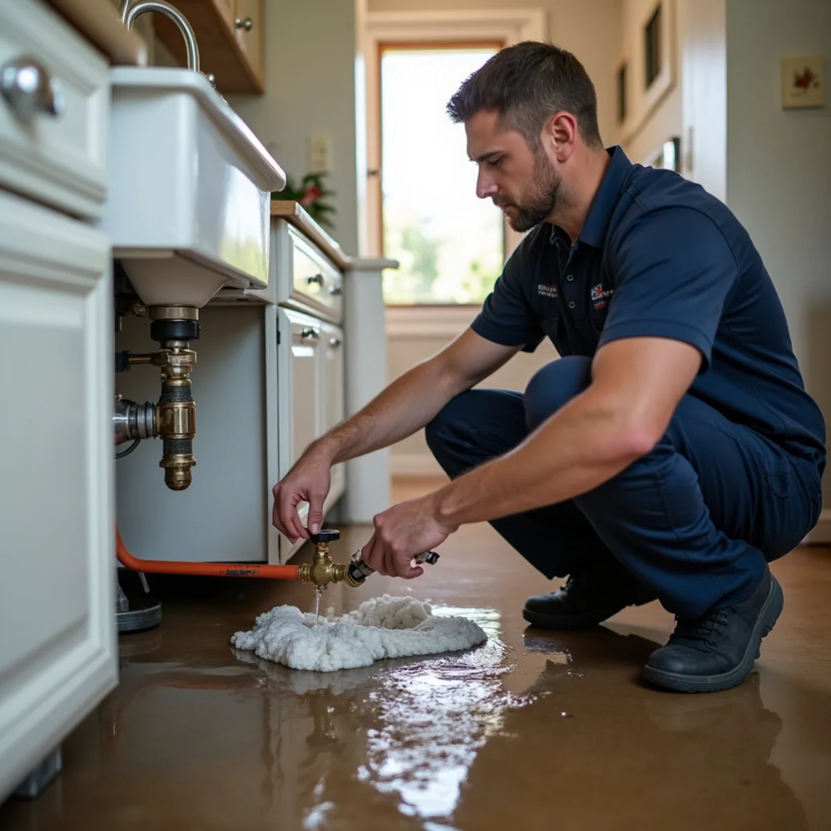 Technician cleaning up water from a burst pipe inside a Concord, CA home
