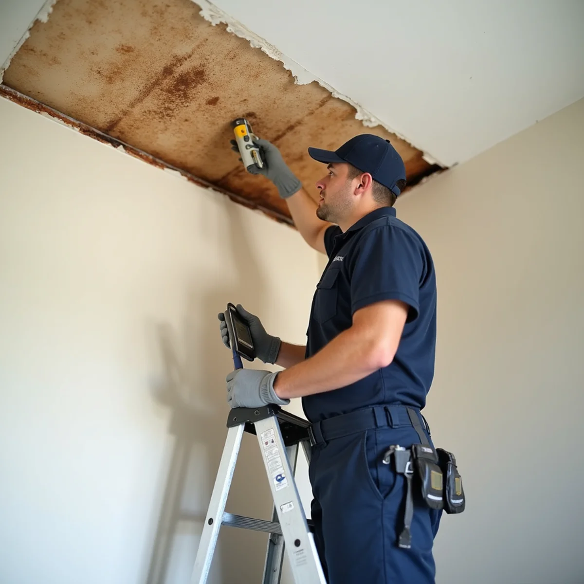 Technician repairing a water-stained, sagging ceiling in a Concord, CA home