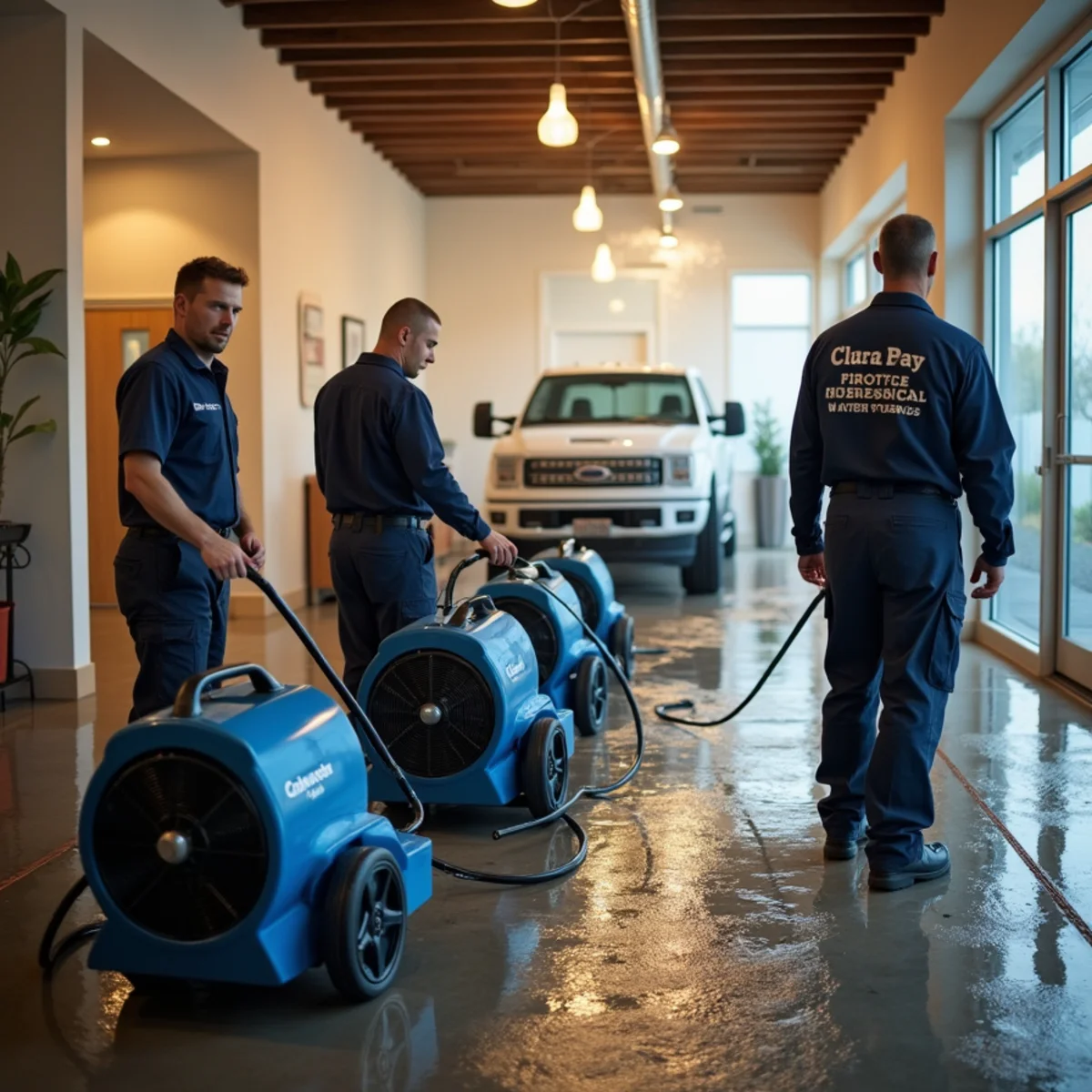 Commercial water damage restoration crew drying a flooded Concord, CA office