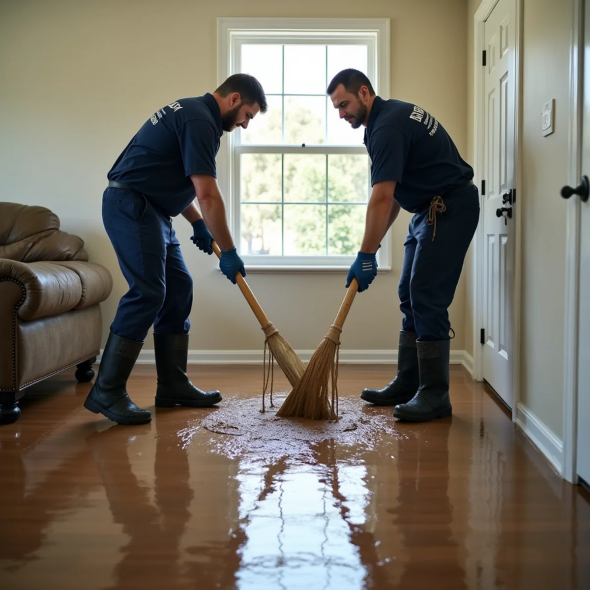 Flood cleanup crew removing water and debris from a flooded Concord, CA home after a storm