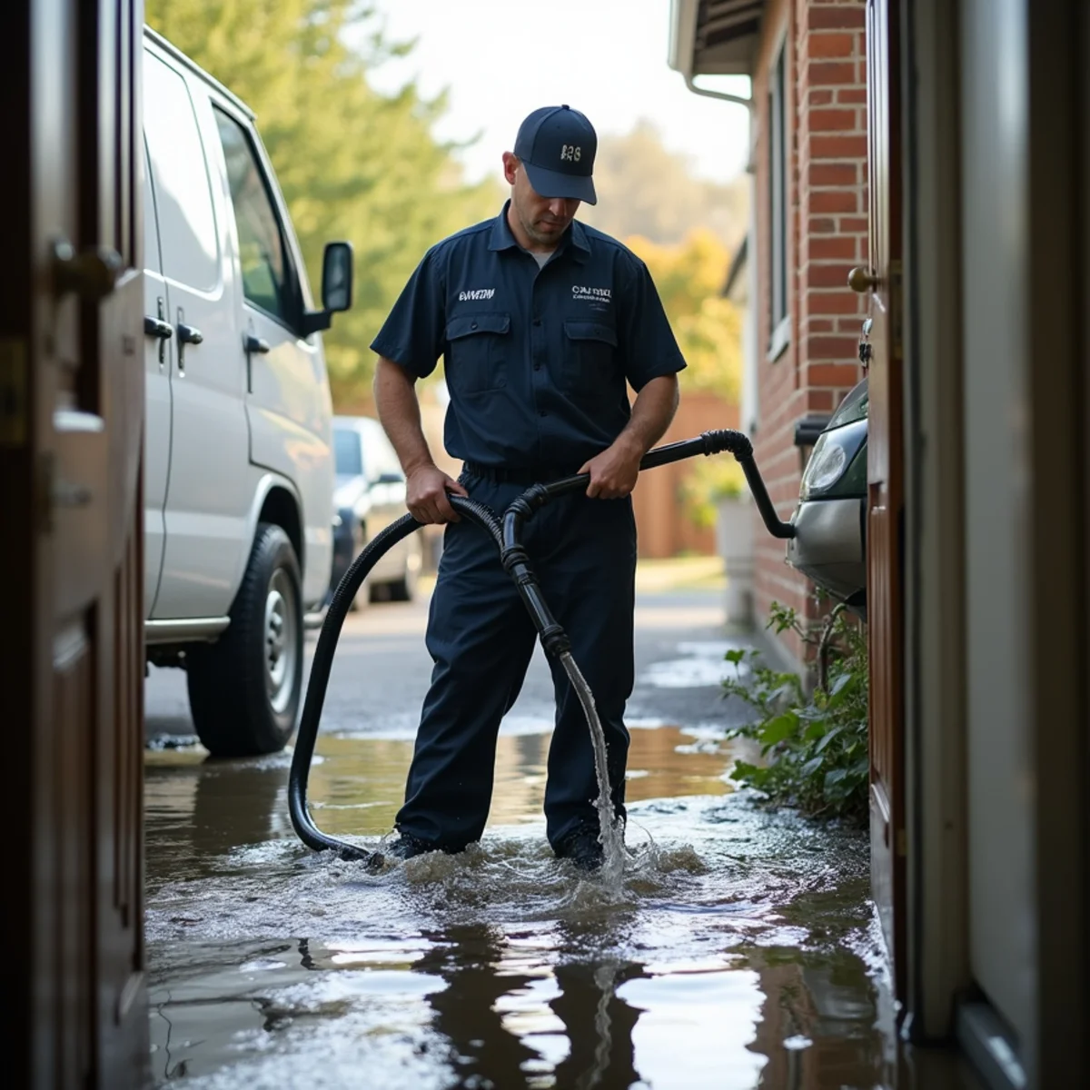 Crew pumping water out of a flooded crawl space under a Concord, CA home