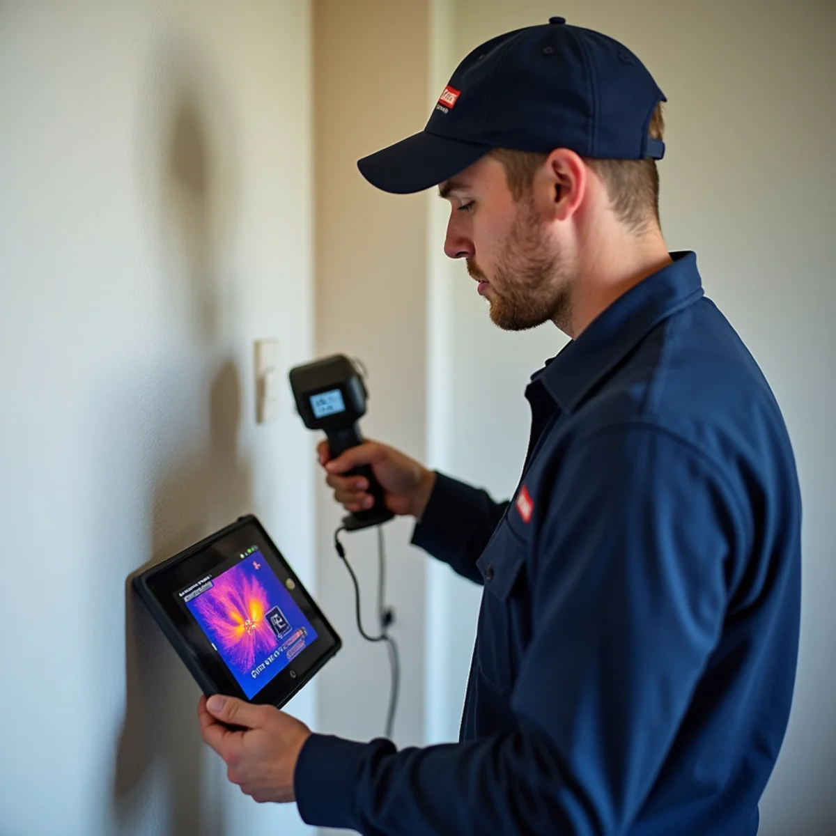 Technician using acoustic leak detection equipment to locate a hidden leak in a Concord, CA home