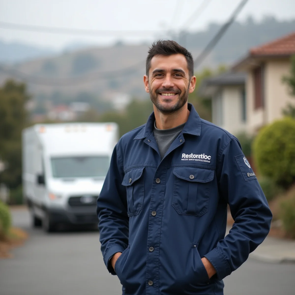 Water damage restoration technician in a hillside neighborhood in El Cerrito, CA