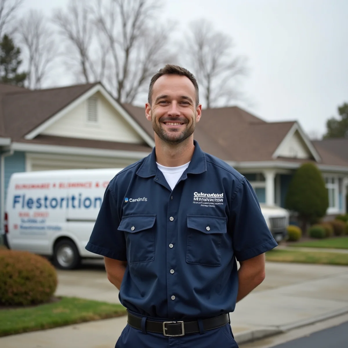 Water damage restoration technician working in a slab-home neighborhood in Pleasant Hill, CA