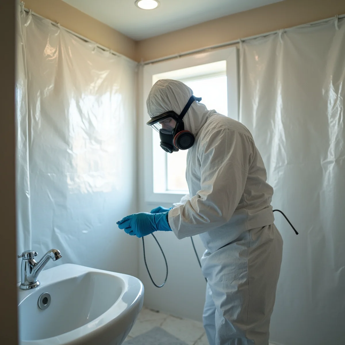 Technician in protective gear disinfecting a Concord, CA bathroom after a sewage backup