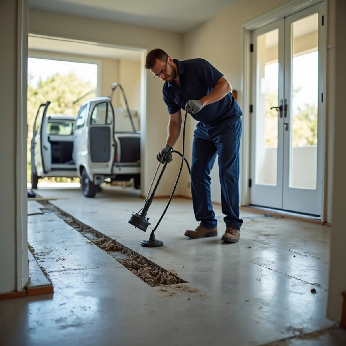 Technician locating a slab leak under a Concord, CA home's concrete foundation