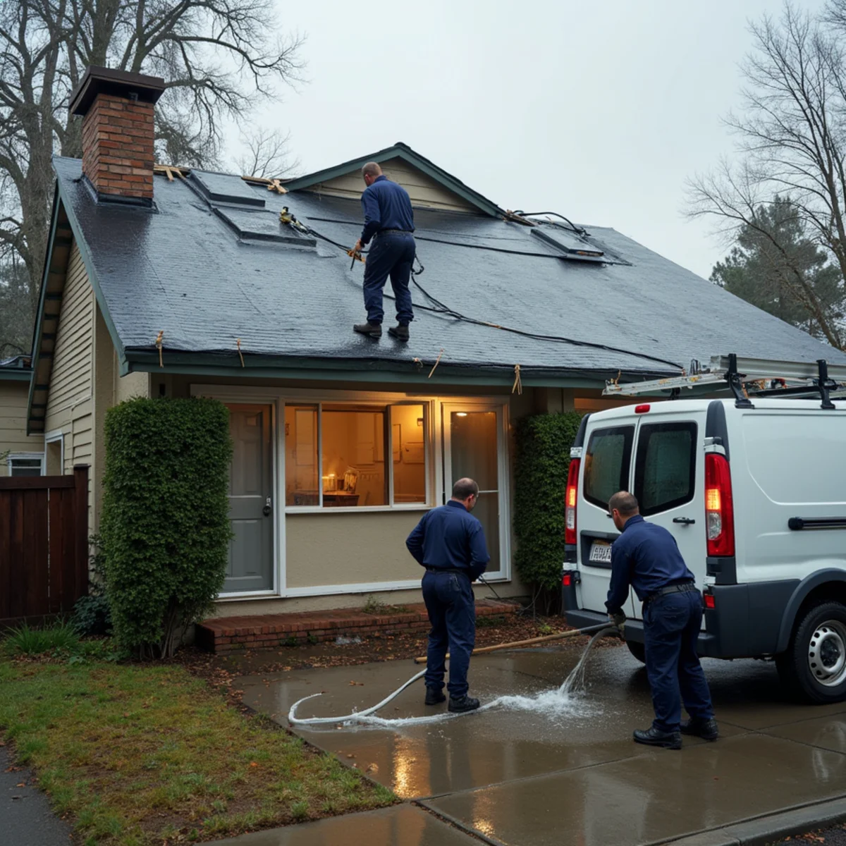 Storm damage cleanup crew tarping and drying a Concord, CA home after heavy rain