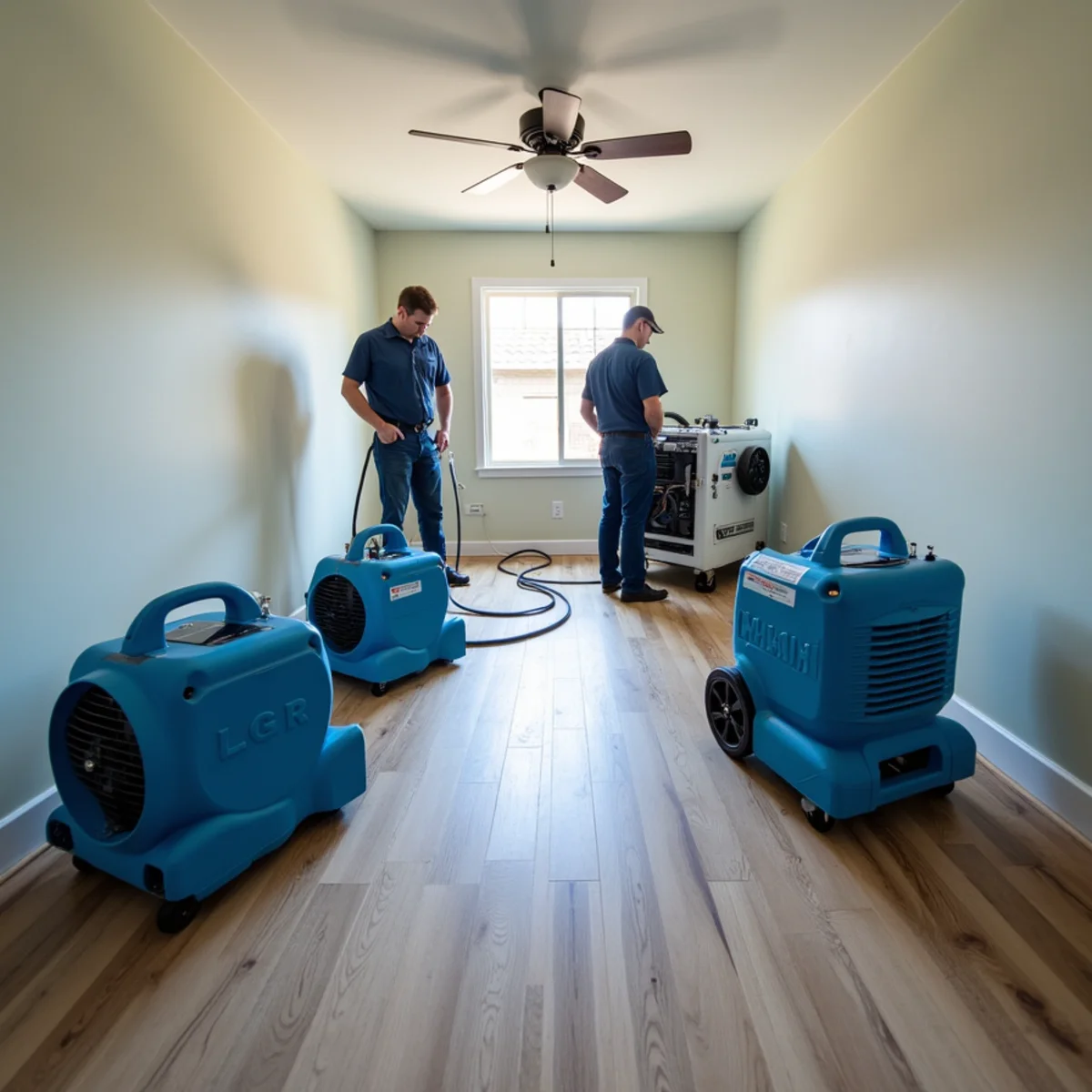 Commercial air movers and a dehumidifier drying a water-damaged room in a Concord, CA home