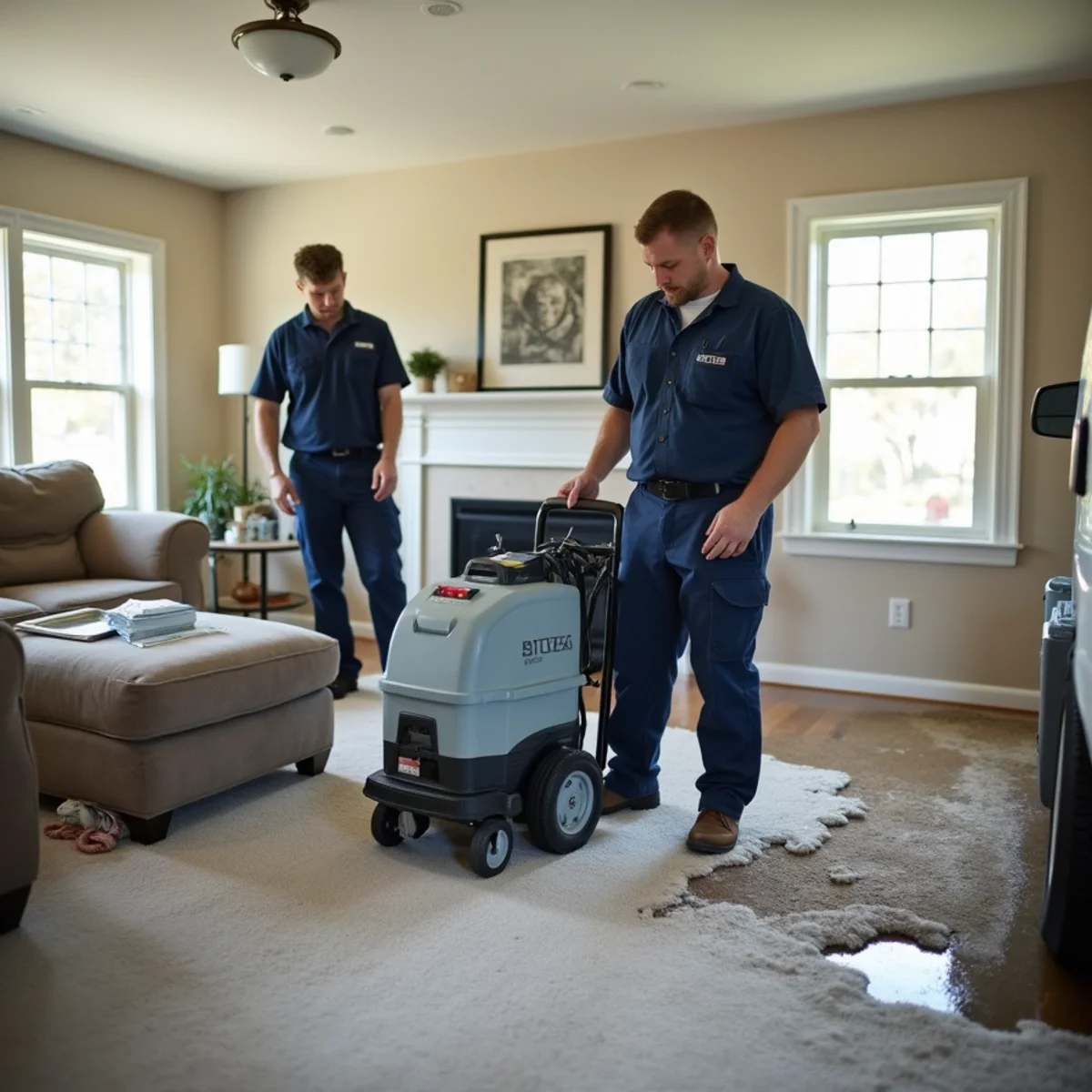 Technician using a truck-mounted extractor to remove standing water from a Concord, CA living room