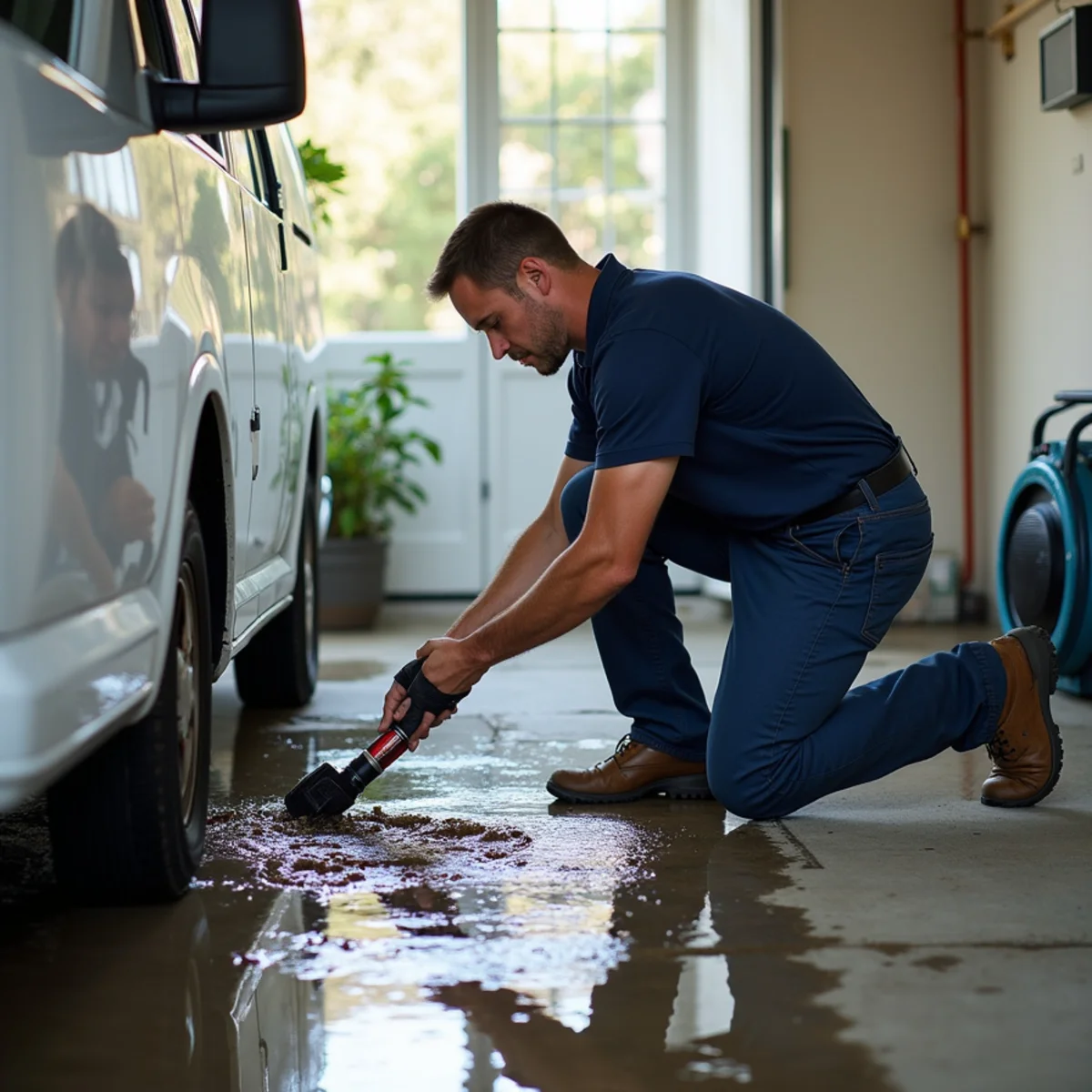 Flooded garage from a burst water heater being cleaned up in Concord, CA